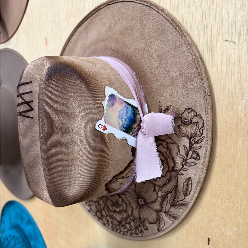 Floral hand burned Tan Cowboy Hat